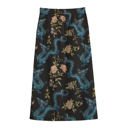 Chinese Dragon And Flower Pattern Print Cotton Front Slit Maxi Skirt