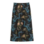 Chinese Dragon And Flower Pattern Print Cotton Front Slit Maxi Skirt