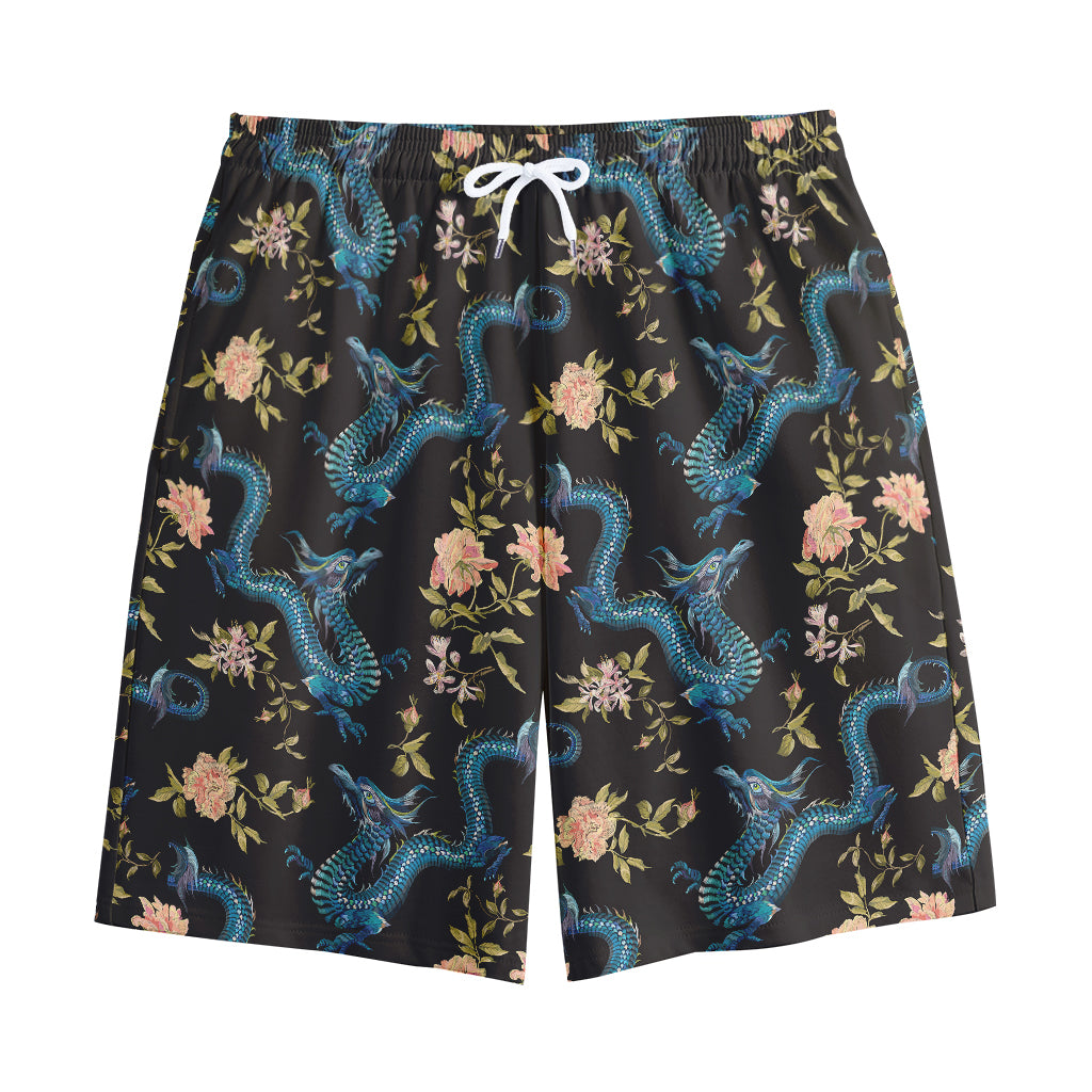 Chinese Dragon And Flower Pattern Print Cotton Shorts