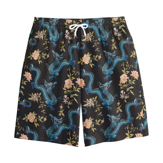Chinese Dragon And Flower Pattern Print Cotton Shorts