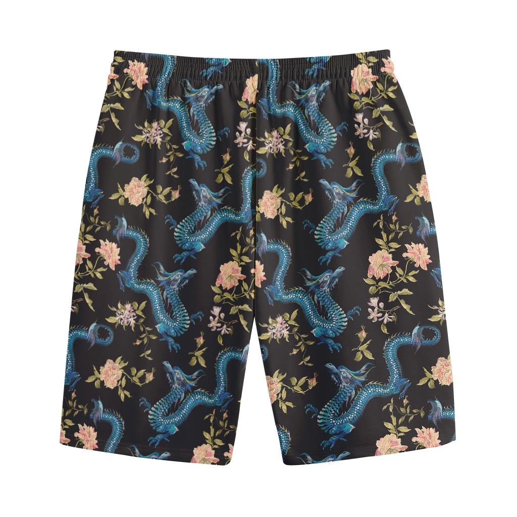 Chinese Dragon And Flower Pattern Print Cotton Shorts