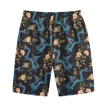 Chinese Dragon And Flower Pattern Print Cotton Shorts