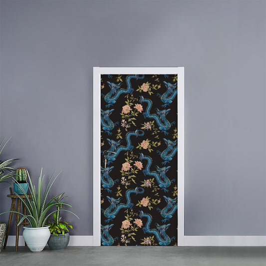 Chinese Dragon And Flower Pattern Print Door Sticker