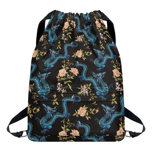 Chinese Dragon And Flower Pattern Print Drawstring Backpack