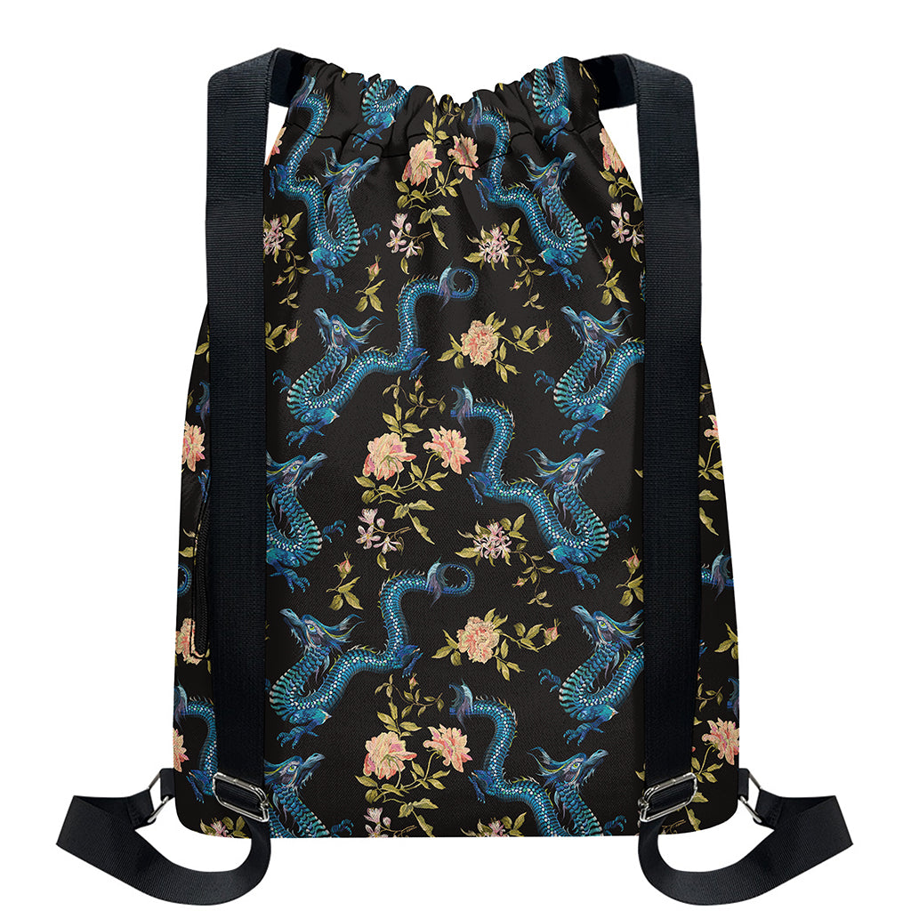 Chinese Dragon And Flower Pattern Print Drawstring Backpack