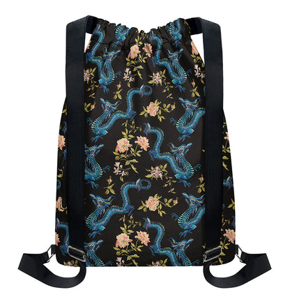 Chinese Dragon And Flower Pattern Print Drawstring Backpack