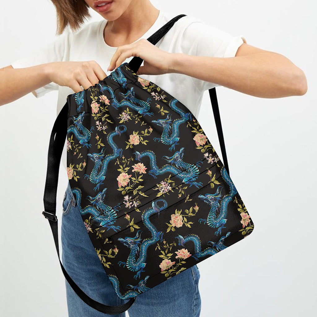 Chinese Dragon And Flower Pattern Print Drawstring Backpack