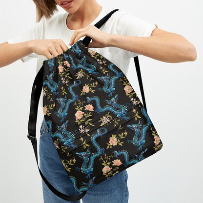 Chinese Dragon And Flower Pattern Print Drawstring Backpack