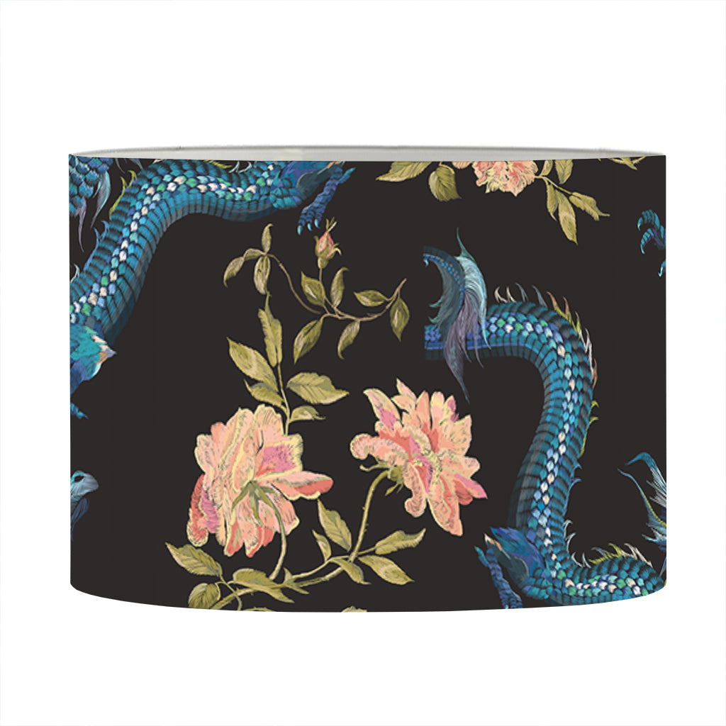 Chinese Dragon And Flower Pattern Print Drum Lamp Shade