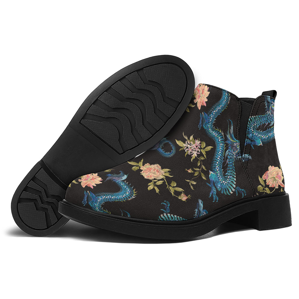 Chinese Dragon And Flower Pattern Print Flat Ankle Boots