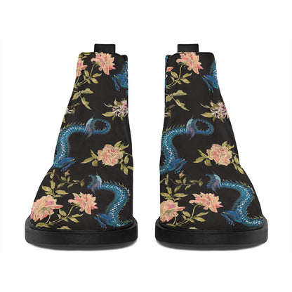 Chinese Dragon And Flower Pattern Print Flat Ankle Boots