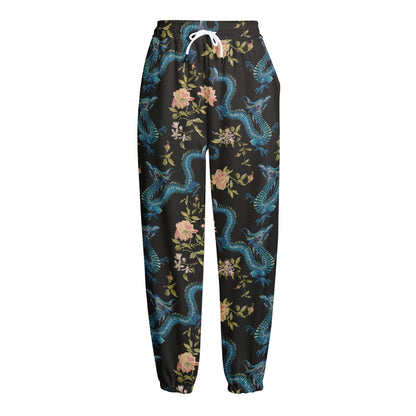 Chinese Dragon And Flower Pattern Print Fleece Lined Knit Pants