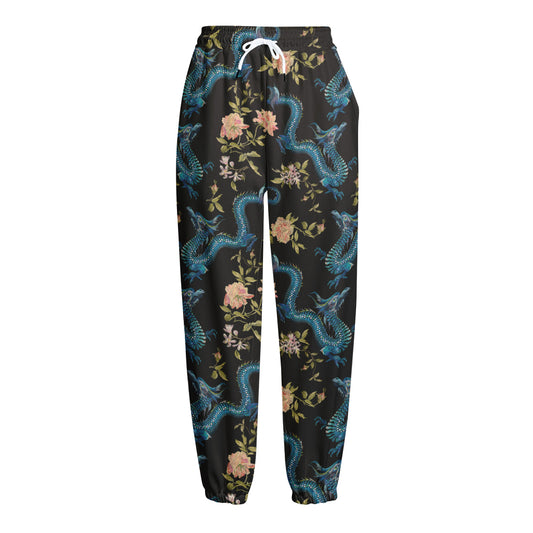 Chinese Dragon And Flower Pattern Print Fleece Lined Knit Pants