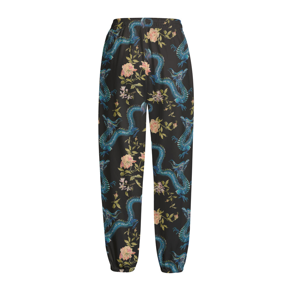 Chinese Dragon And Flower Pattern Print Fleece Lined Knit Pants