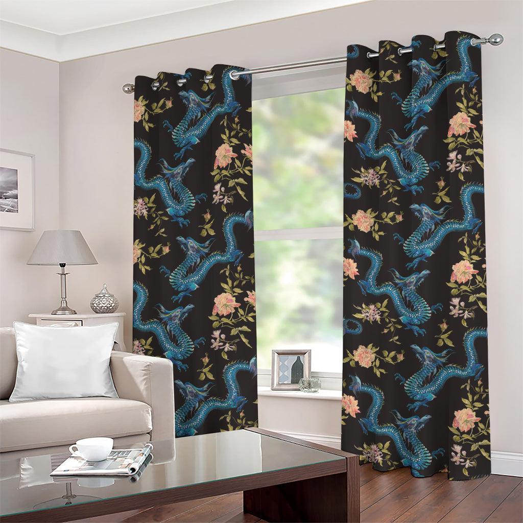 Chinese Dragon And Flower Pattern Print Grommet Curtains