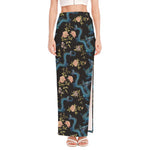 Chinese Dragon And Flower Pattern Print High Slit Maxi Skirt
