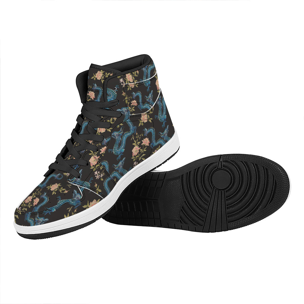 Chinese Dragon And Flower Pattern Print High Top Leather Sneakers