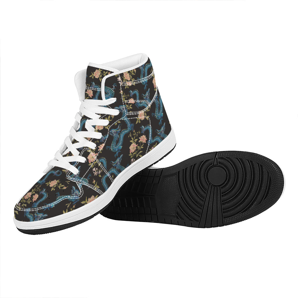 Chinese Dragon And Flower Pattern Print High Top Leather Sneakers