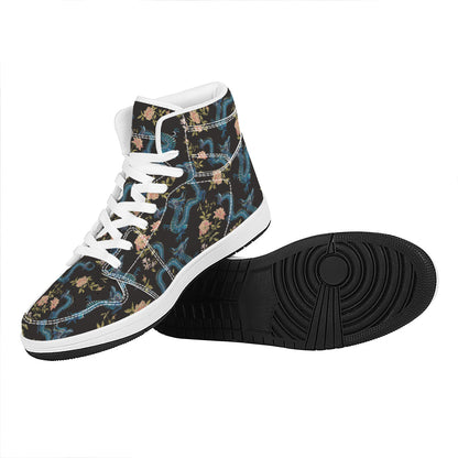 Chinese Dragon And Flower Pattern Print High Top Leather Sneakers