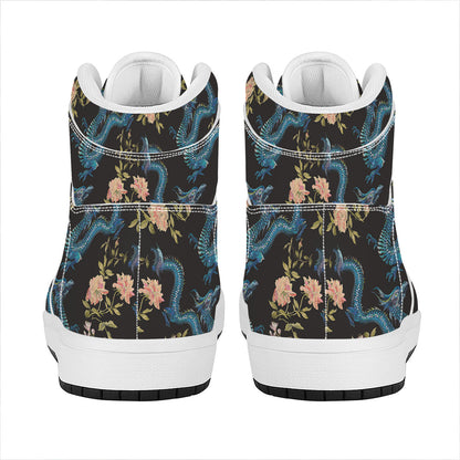 Chinese Dragon And Flower Pattern Print High Top Leather Sneakers