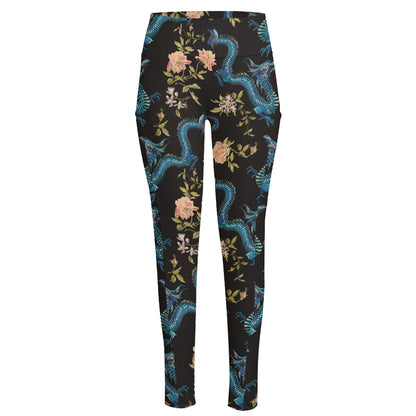 Chinese Dragon And Flower Pattern Print High-Waisted Pocket Leggings