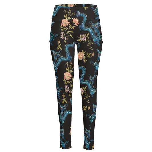 Chinese Dragon And Flower Pattern Print High-Waisted Pocket Leggings