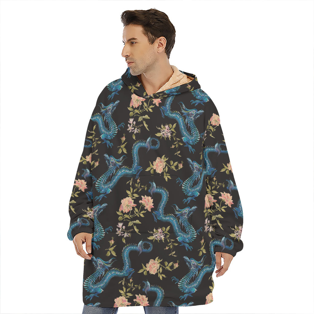 Chinese Dragon And Flower Pattern Print Hoodie Blanket