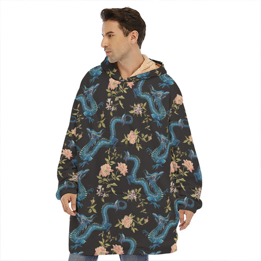 Chinese Dragon And Flower Pattern Print Hoodie Blanket