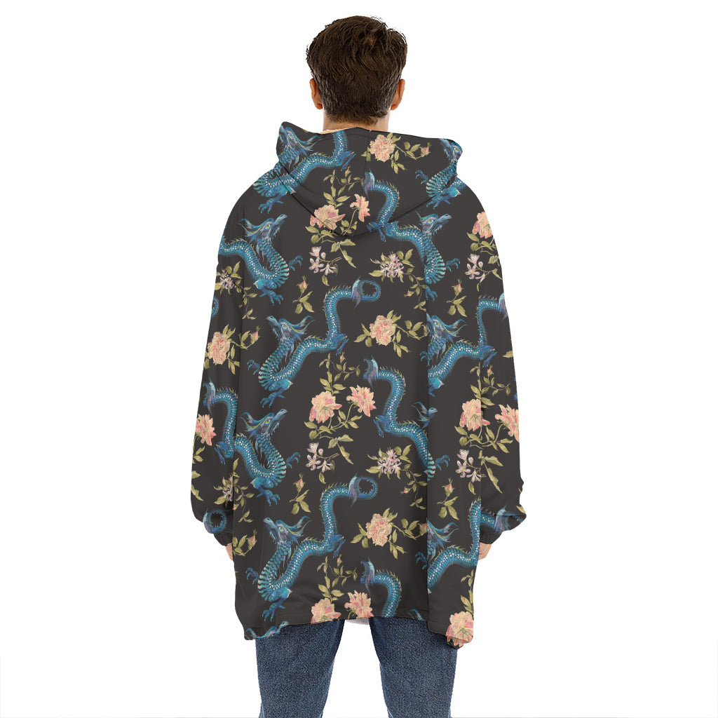 Chinese Dragon And Flower Pattern Print Hoodie Blanket