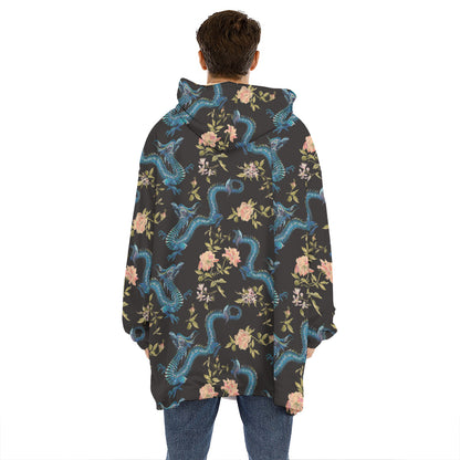 Chinese Dragon And Flower Pattern Print Hoodie Blanket