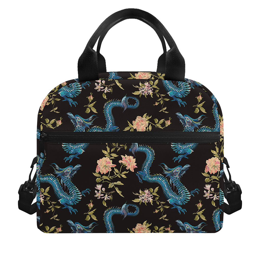 Chinese Dragon And Flower Pattern Print Insulated Lunch Bag
