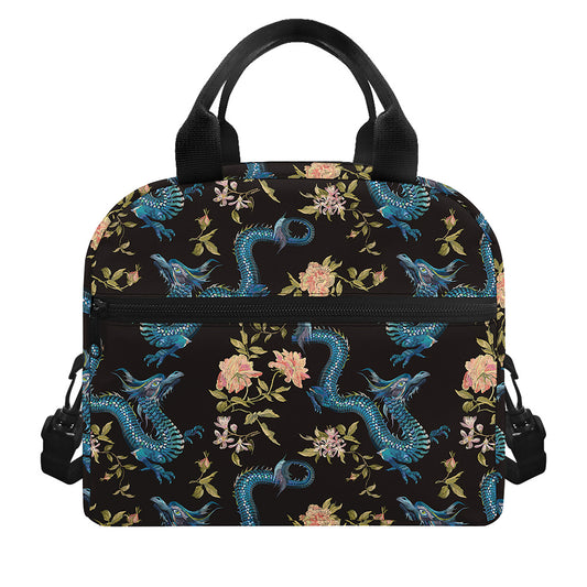 Chinese Dragon And Flower Pattern Print Insulated Lunch Bag
