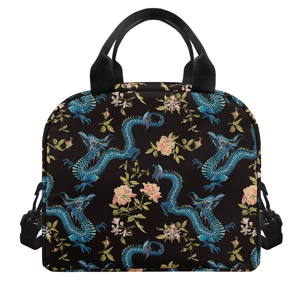 Chinese Dragon And Flower Pattern Print Insulated Lunch Bag