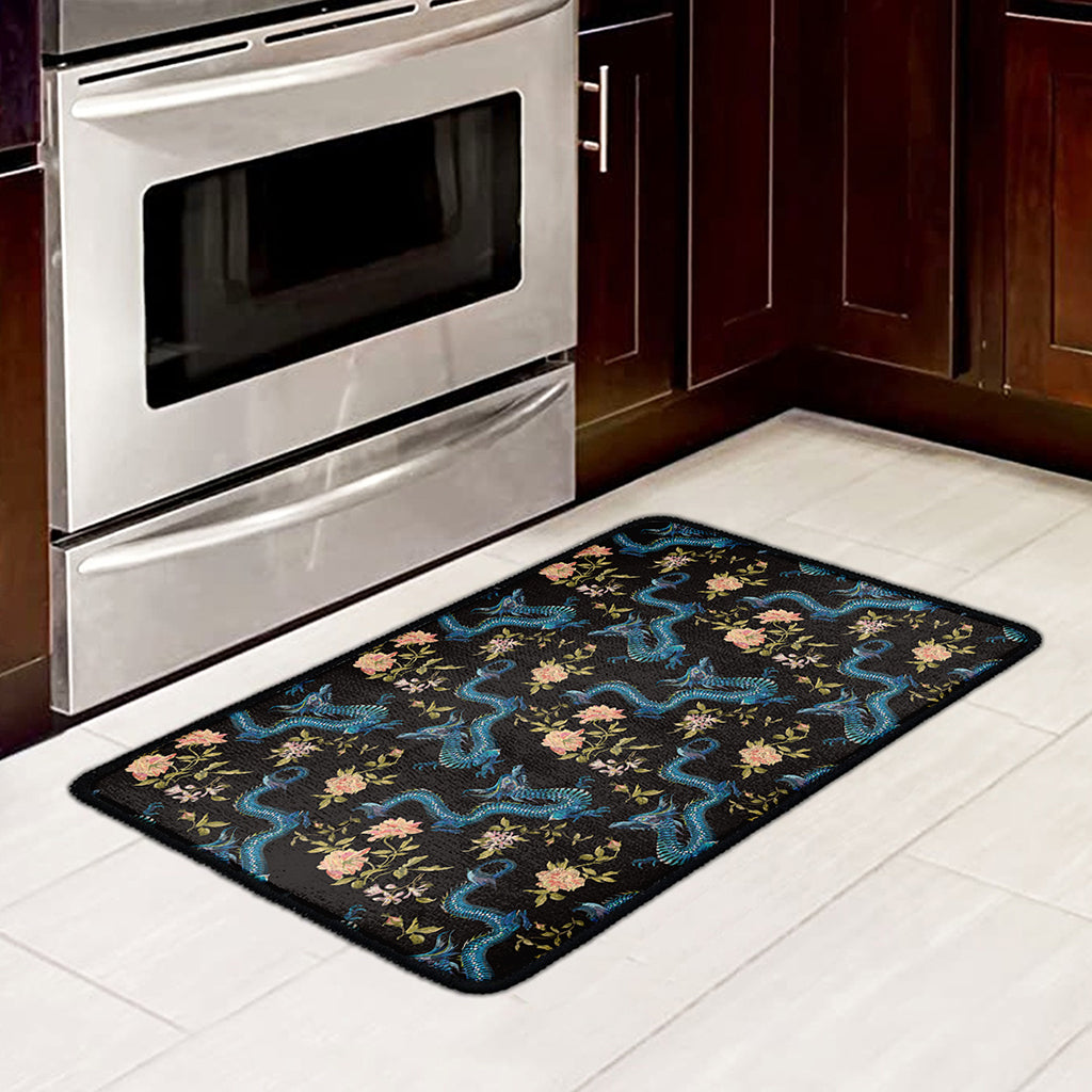Chinese Dragon And Flower Pattern Print Kitchen Mat