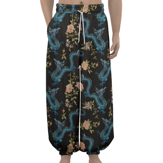 Chinese Dragon And Flower Pattern Print Lantern Pants