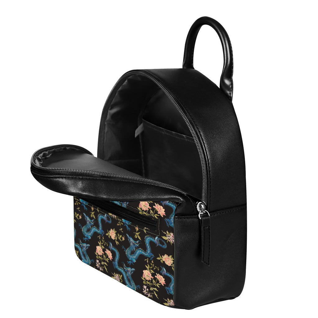 Chinese Dragon And Flower Pattern Print Leather Backpack