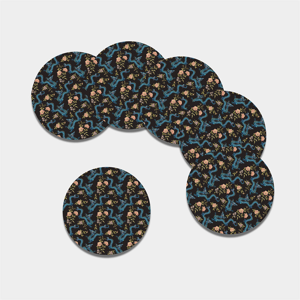 Chinese Dragon And Flower Pattern Print Leather Coaster Set