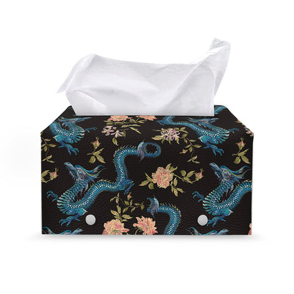Chinese Dragon And Flower Pattern Print Leather Tissue Box Cover