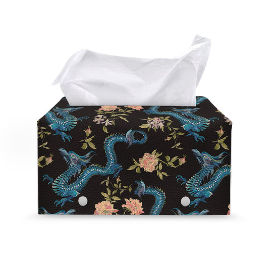 Chinese Dragon And Flower Pattern Print Leather Tissue Box Cover