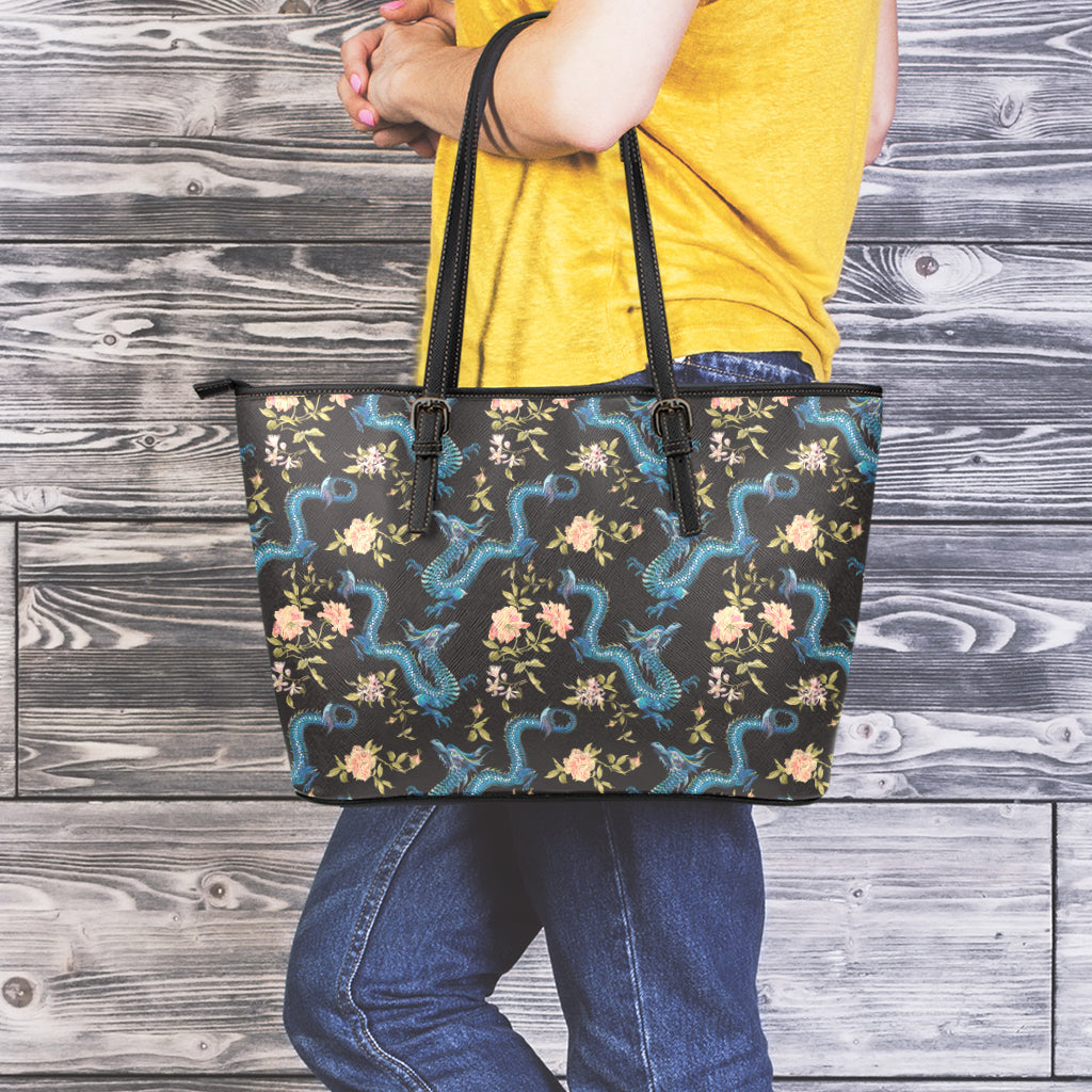 Chinese Dragon And Flower Pattern Print Leather Tote Bag