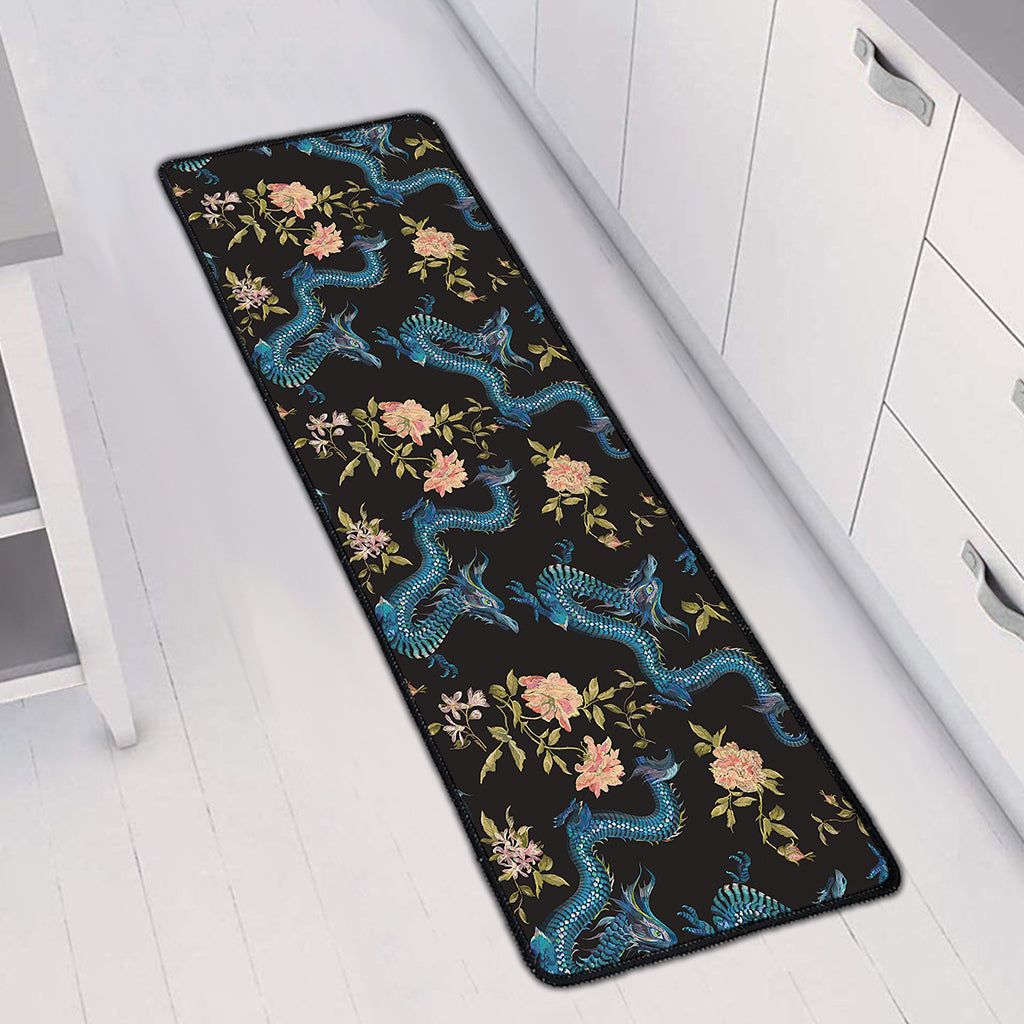 Chinese Dragon And Flower Pattern Print Long Kitchen Mat