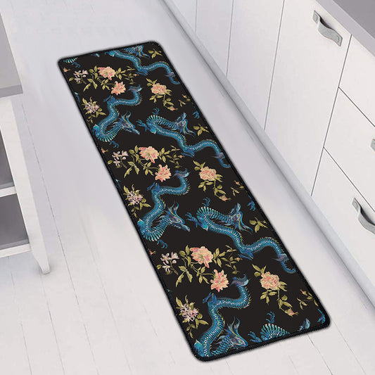 Chinese Dragon And Flower Pattern Print Long Kitchen Mat