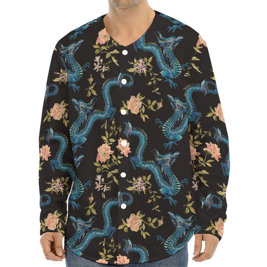 Chinese Dragon And Flower Pattern Print Long Sleeve Baseball Jersey