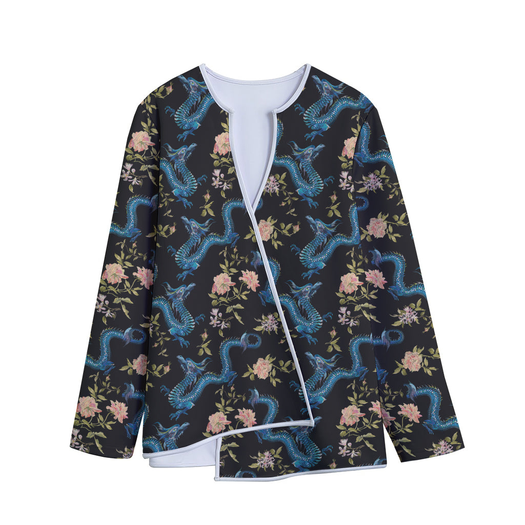 Chinese Dragon And Flower Pattern Print Long Sleeve Short Coat