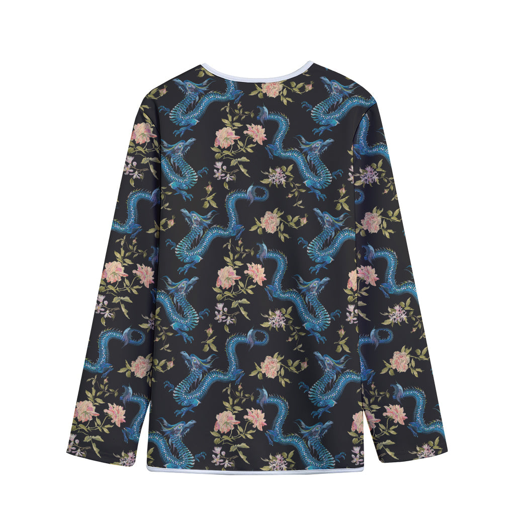 Chinese Dragon And Flower Pattern Print Long Sleeve Short Coat
