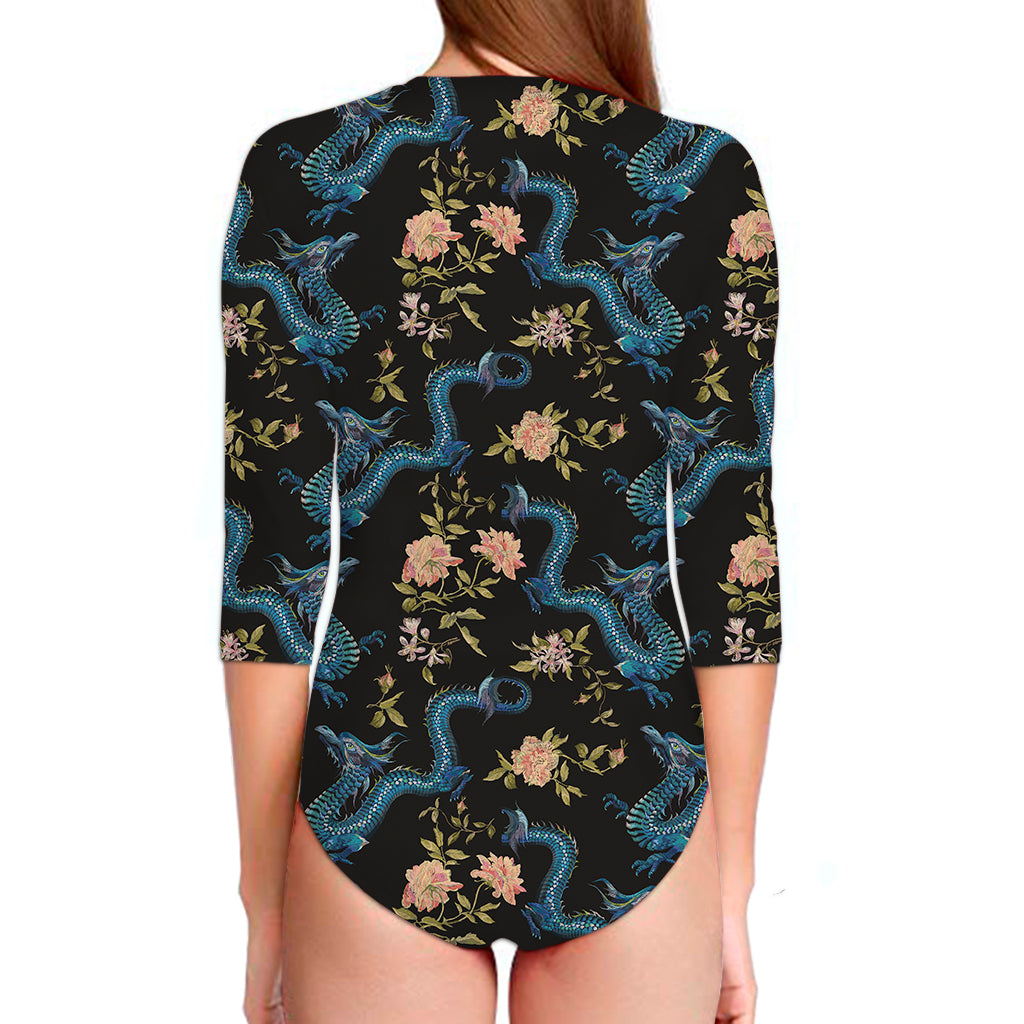 Chinese Dragon And Flower Pattern Print Long Sleeve Swimsuit