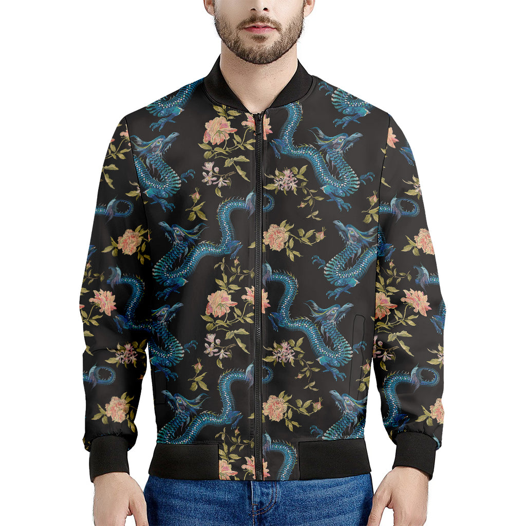 Chinese Dragon And Flower Pattern Print Men's Bomber Jacket