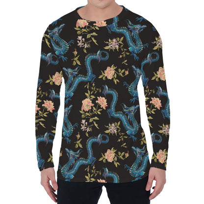 Chinese Dragon And Flower Pattern Print Men's Long Sleeve T-Shirt