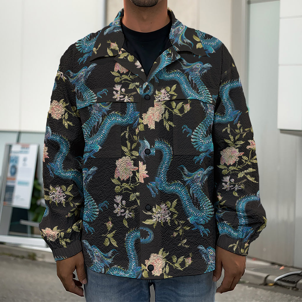 Chinese Dragon And Flower Pattern Print Men's Shirt Jacket