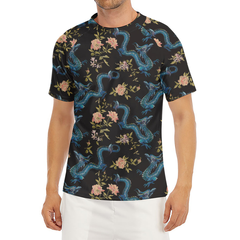 Chinese Dragon And Flower Pattern Print Men's Short Sleeve Rash Guard